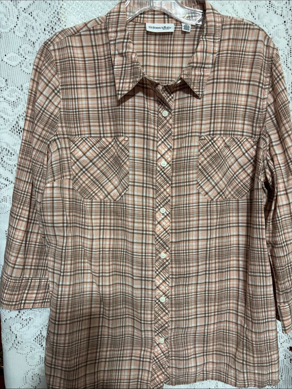 St. John's Bay Women’s size XL Peach and Brown Plaid Button-Down Shirt